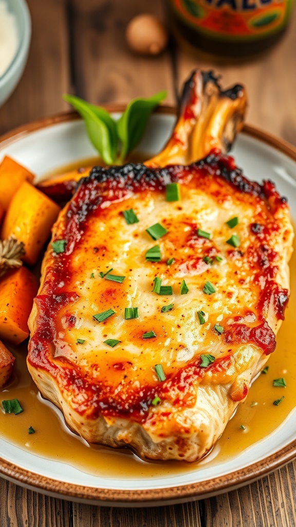Juicy Baked Pork Chops Recipe A juicy baked pork chop garnished with herbs, served with roasted vegetables on a rustic table.